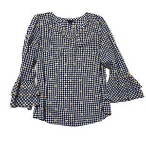 Talbots Blue Gingham Plaid Yellow Floral Embroidered Bell Sleeve Blouse Medium